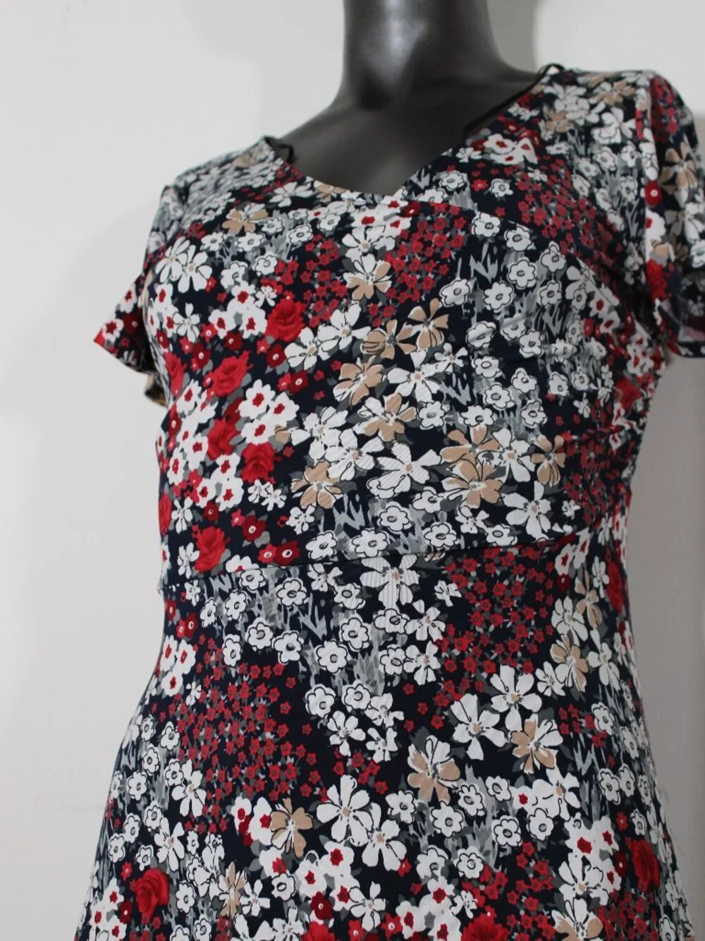 Kaileigh Amandine Floral Faux-Wrap Knit Dress Navy Red Medium